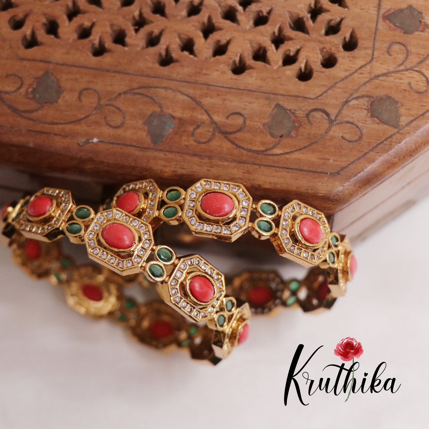 Beautiful CZ Antique Coral Bangles B290 (Set of 2 Bangles)