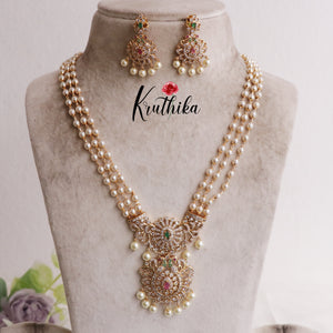 Elegant Three Layer Pearls Haaram with AD peacock pendant LH1890