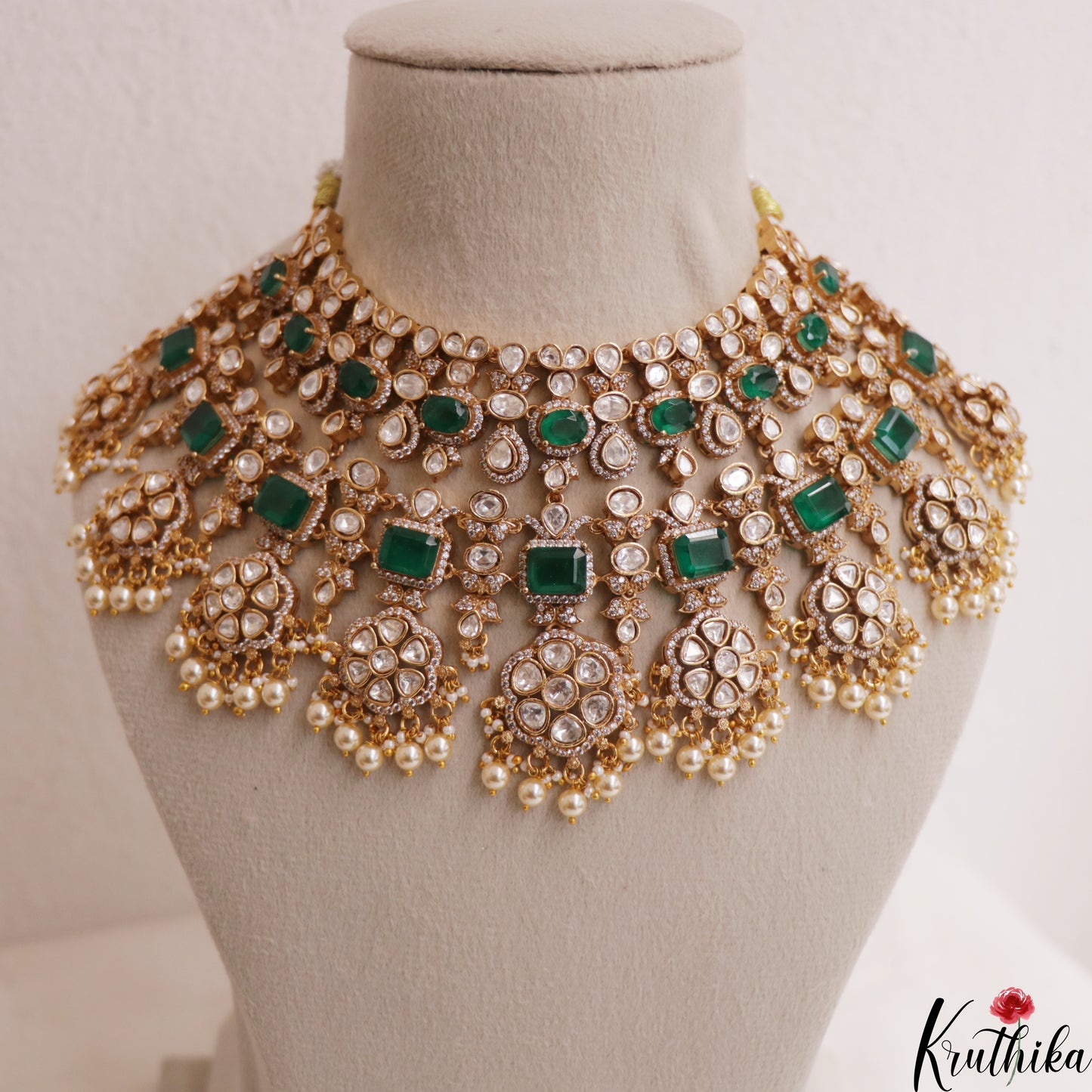 Grand Floral Motifs Polki Victorian Choker With Pearl Drops NC3019 (Available In 4 Colors)