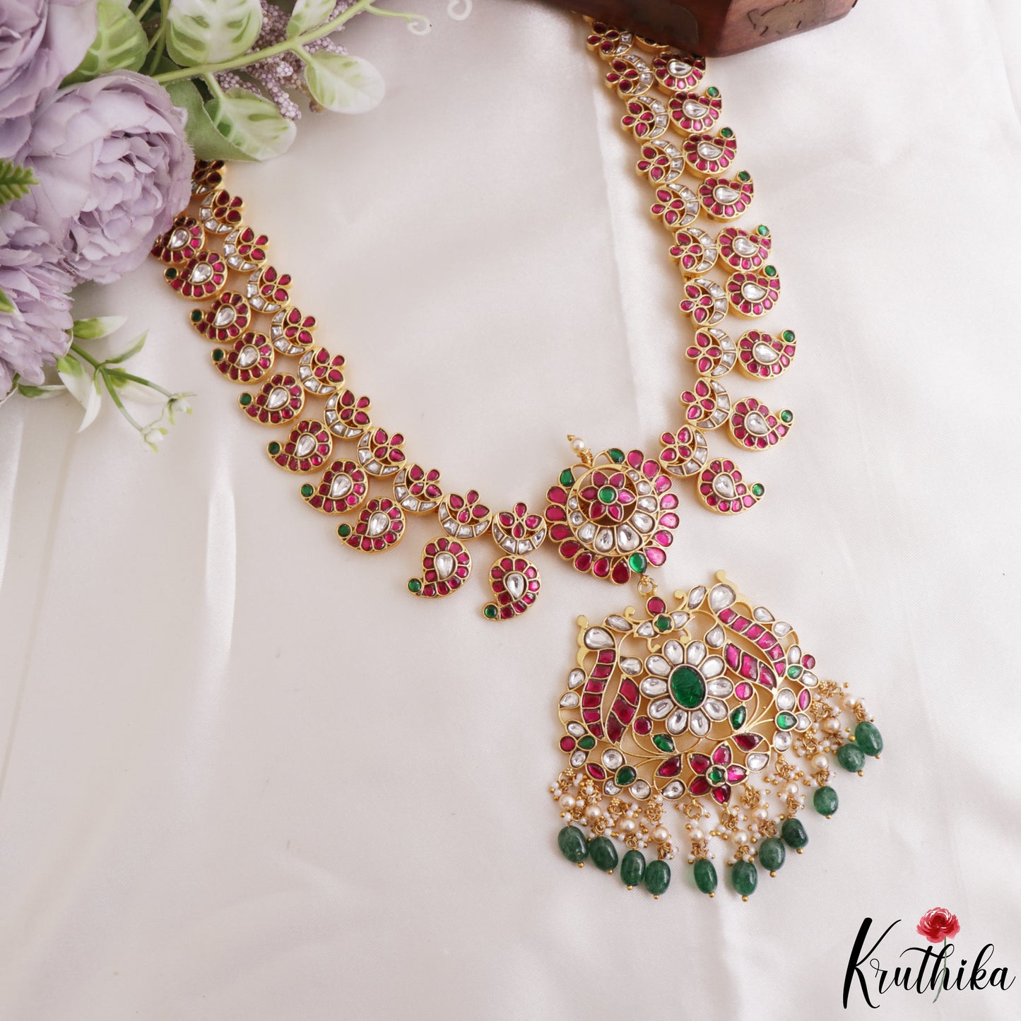 Gorgeous Mango Floral Motifs Jadau Necklace With Green Bead Drops LH2217