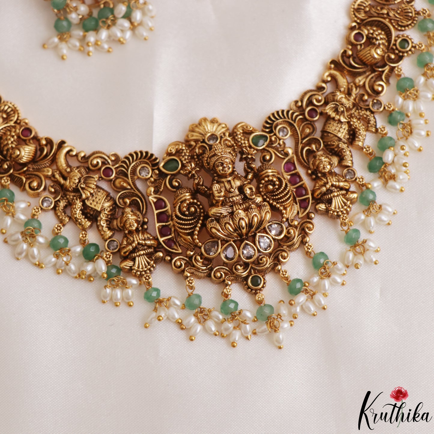 Gorgeous Antique Nagas Lakshmi Peacock Motifs Temple Choker With Pearl Bead Drops NC3116