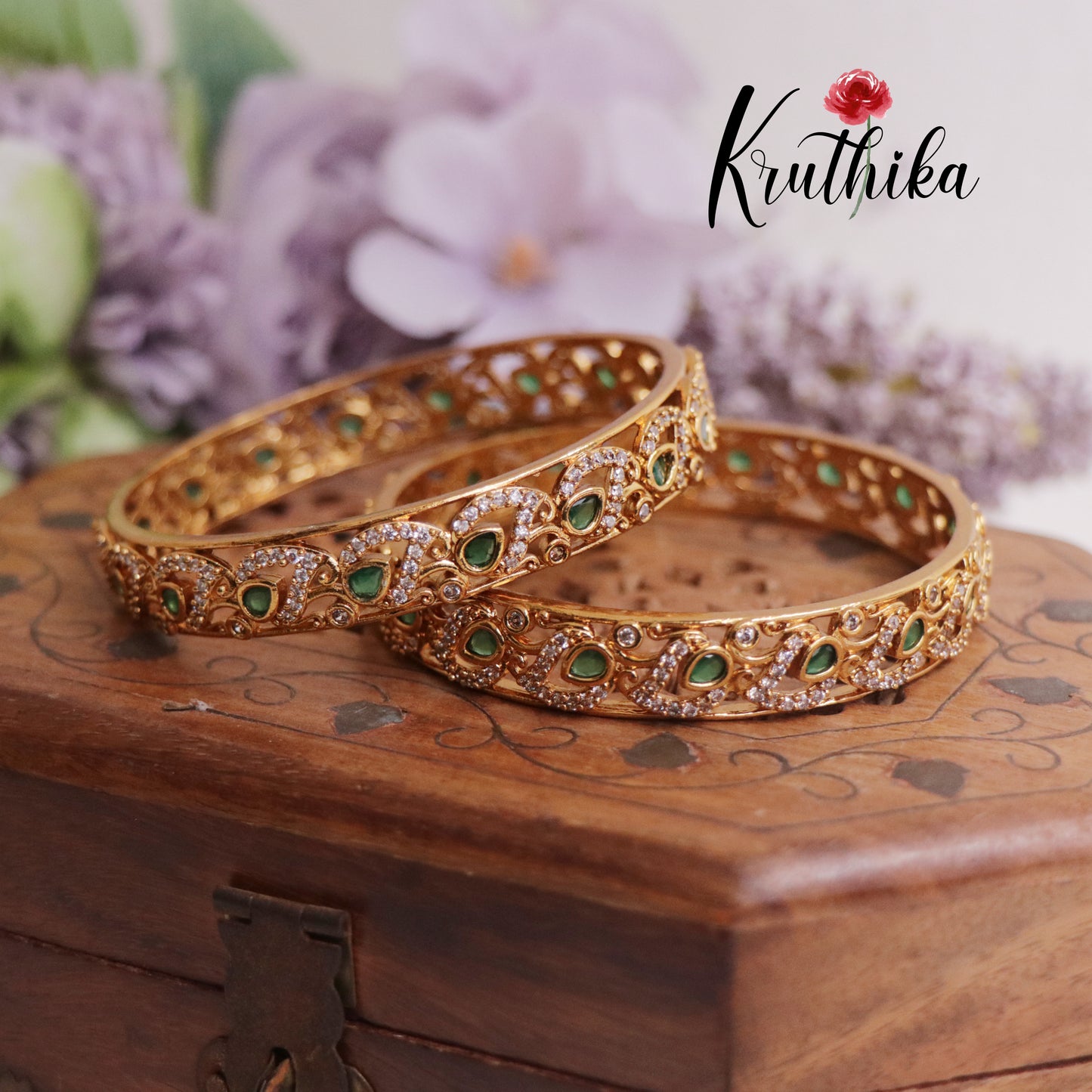 Trendy CZ Antique Leaf Motif Bangles B291 (Available in 3 Colours) (Set of 2 Bangles)