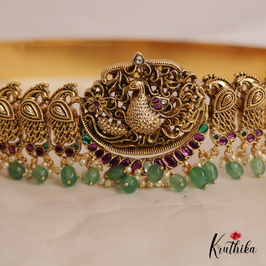 Stunning Antique Peacock Motif Hip Belt With Pearl And Bead Drops V324 (Available In 2 Colours)