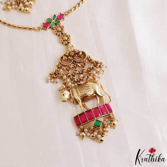 Classic Antique Kamadhenu Motifs Twisted Chain Jadau Pendant Set NC3159
