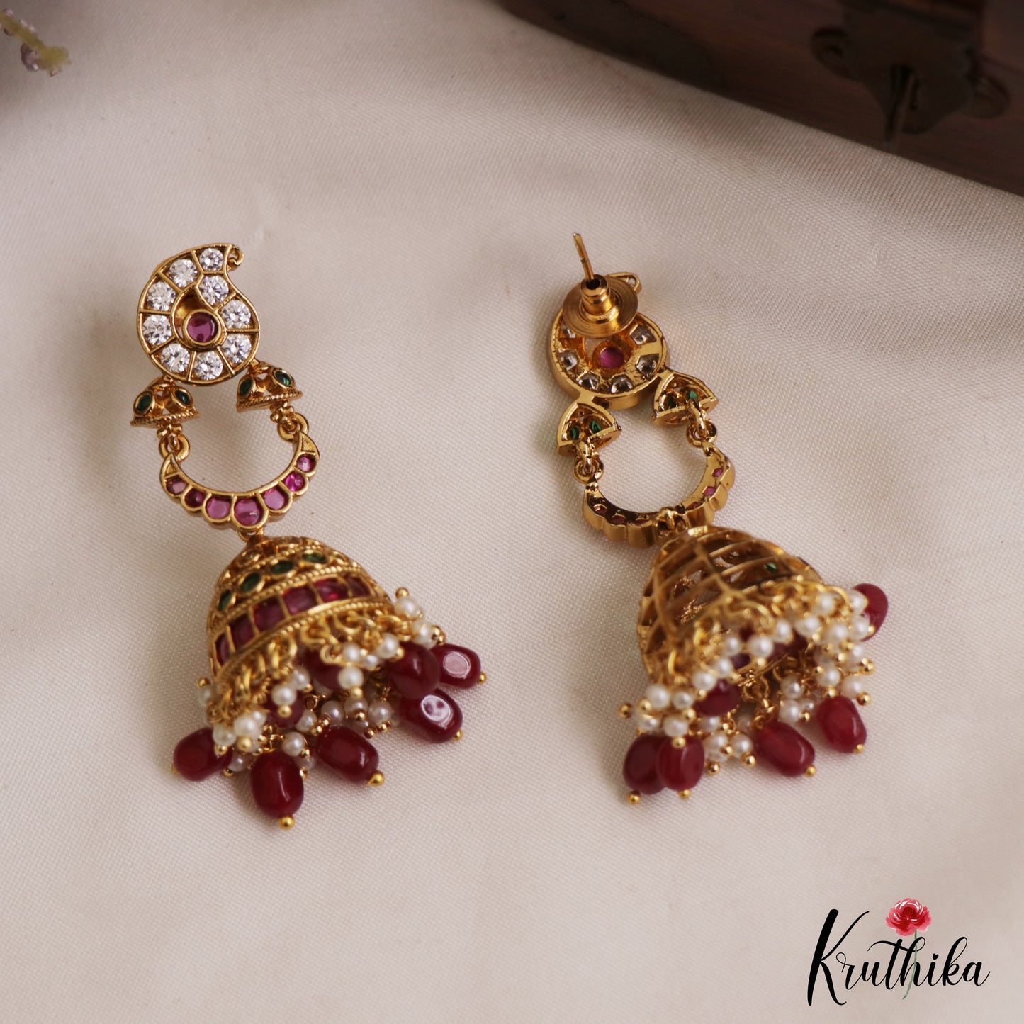 Beautiful Mango Motifs Kemp Jhumkas With Pearl Bead Drops E1104 (Available In 2 Colors)