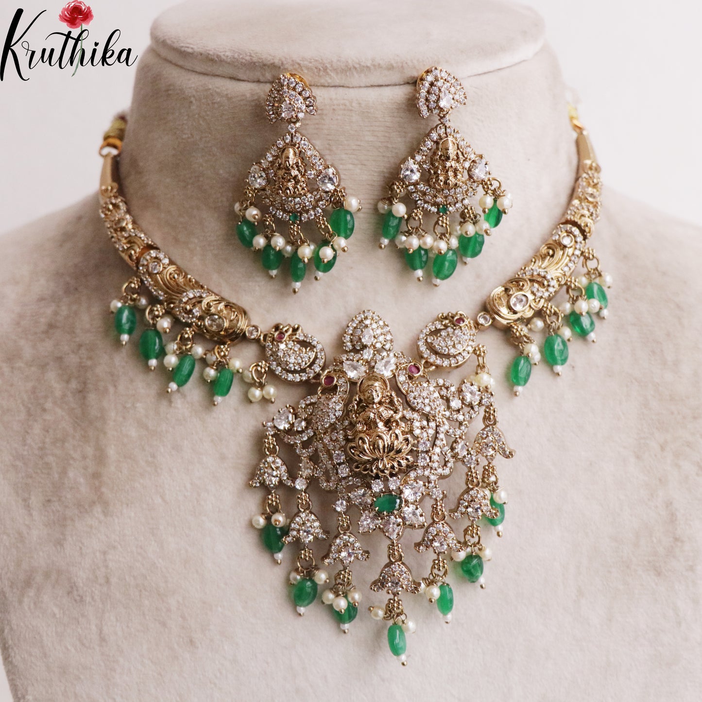 Beautiful AD Stones Peacock Temple Lakshmi Design Hasli Necklace NC2057