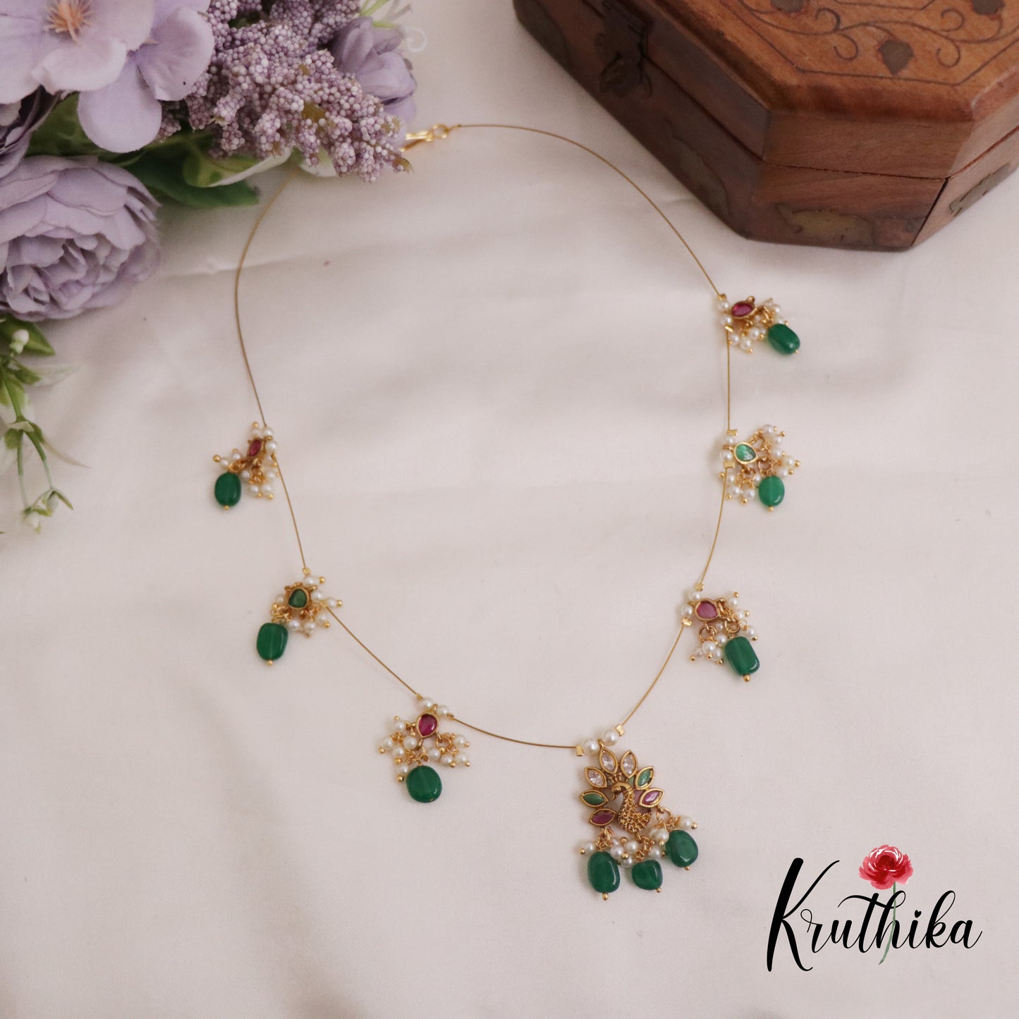 Beautiful Kemp Peacock Invisible Chain with Green Beads Drops NC2302