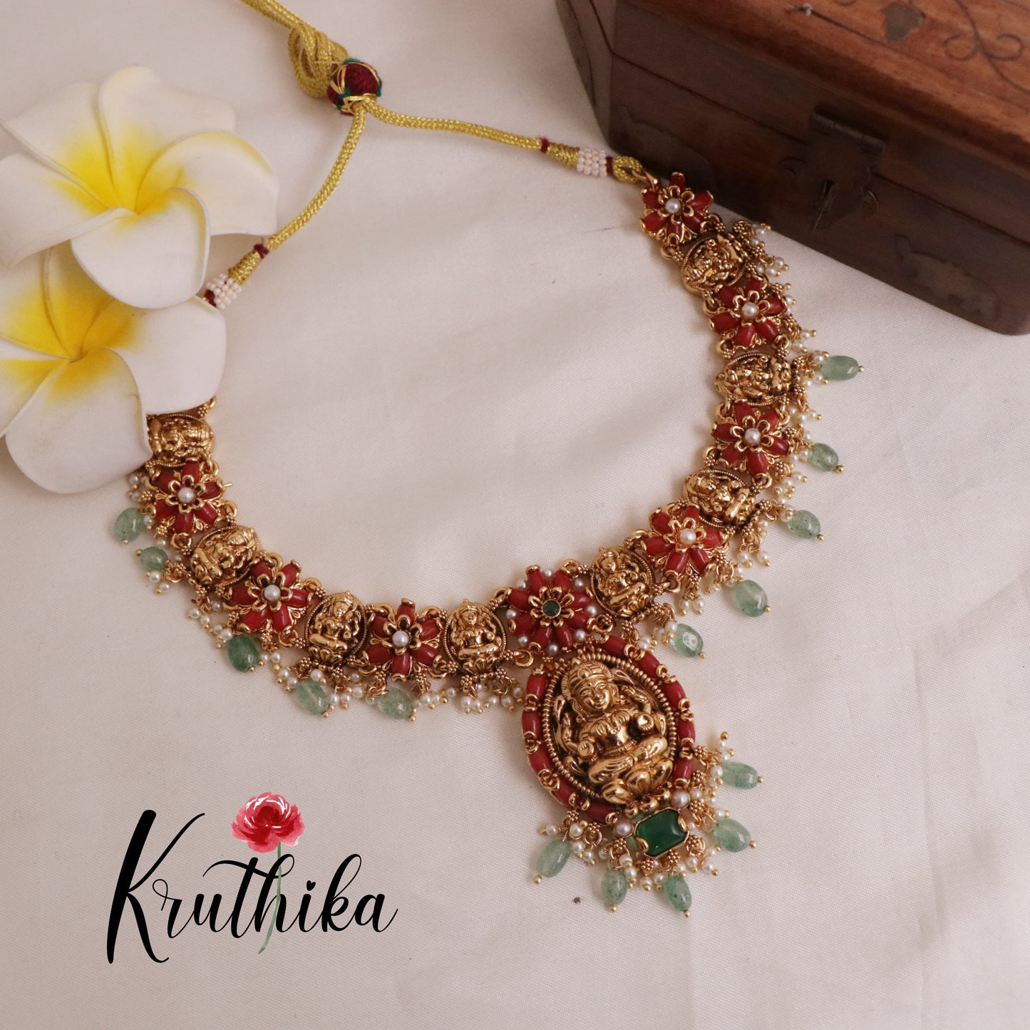 Elegant Temple Lakshmi Necklace with Pastel Green Beads Nc1985