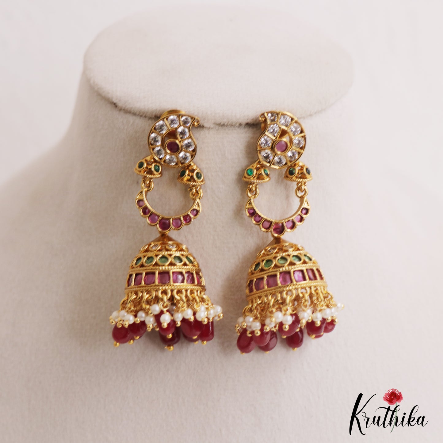 Beautiful Mango Motifs Kemp Jhumkas With Pearl Bead Drops E1104 (Available In 2 Colors)