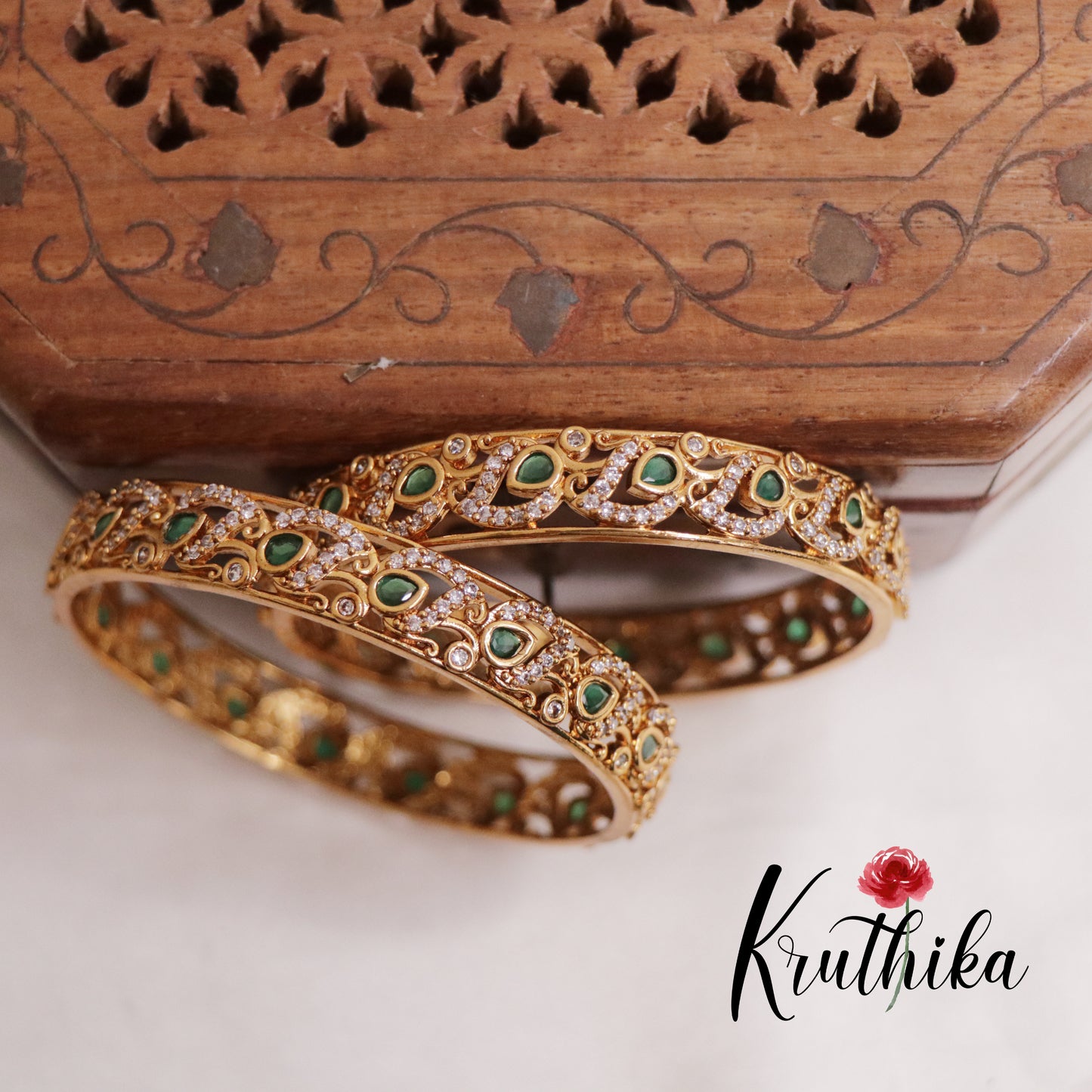 Trendy CZ Antique Leaf Motif Bangles B291 (Available in 3 Colours) (Set of 2 Bangles)