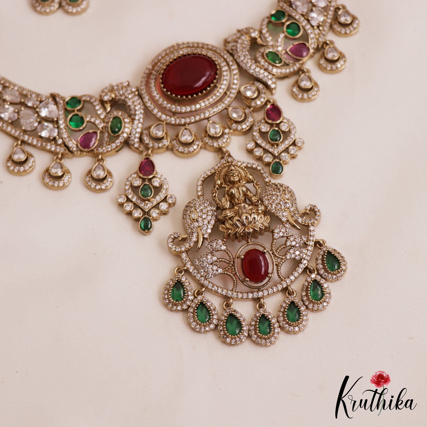 Beautiful Sparkling Lakshmi Teardrop Motifs Gold-Tone AD Necklace NC2786