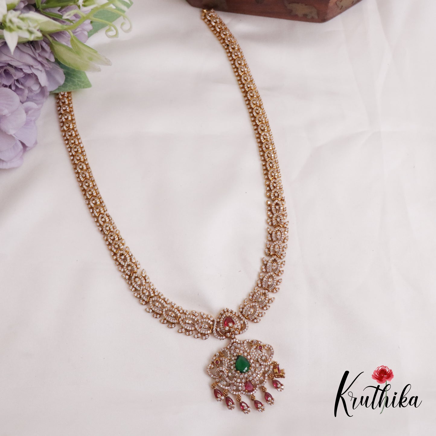 Royal Bridal Emerald & Ruby Peacock Pendant Haaram LH1951