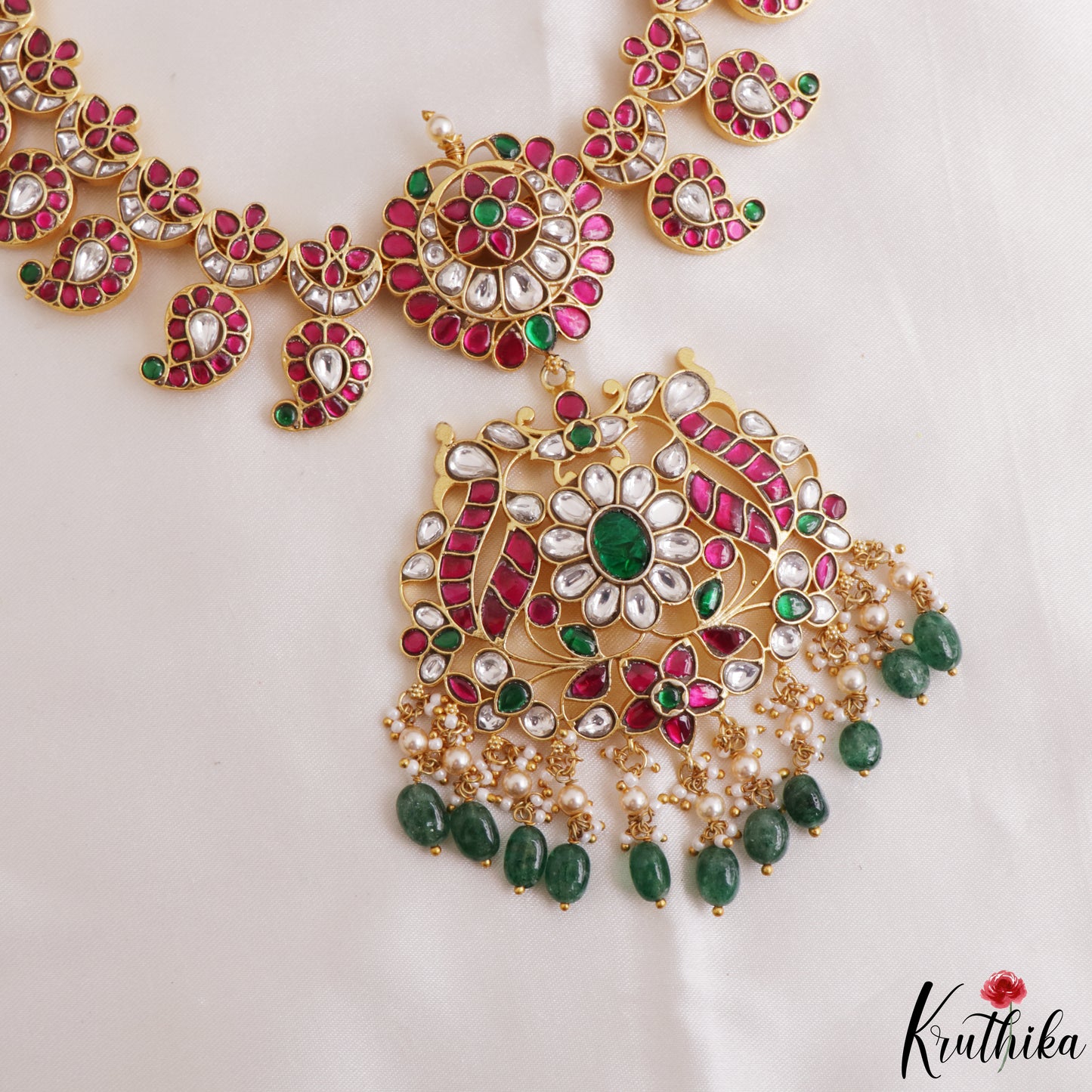Gorgeous Mango Floral Motifs Jadau Necklace With Green Bead Drops LH2217