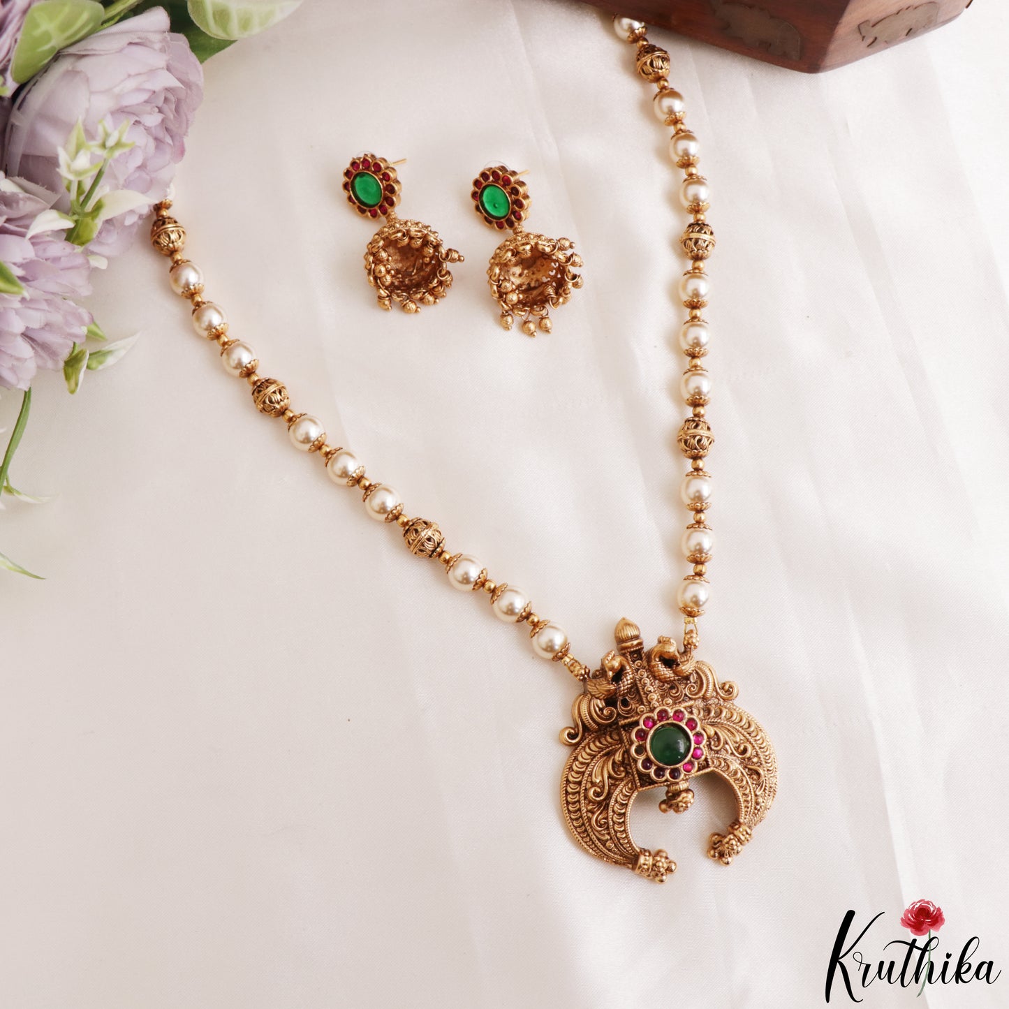 Classic Antique Peacock Motifs Pearl Bead Mala NC3228