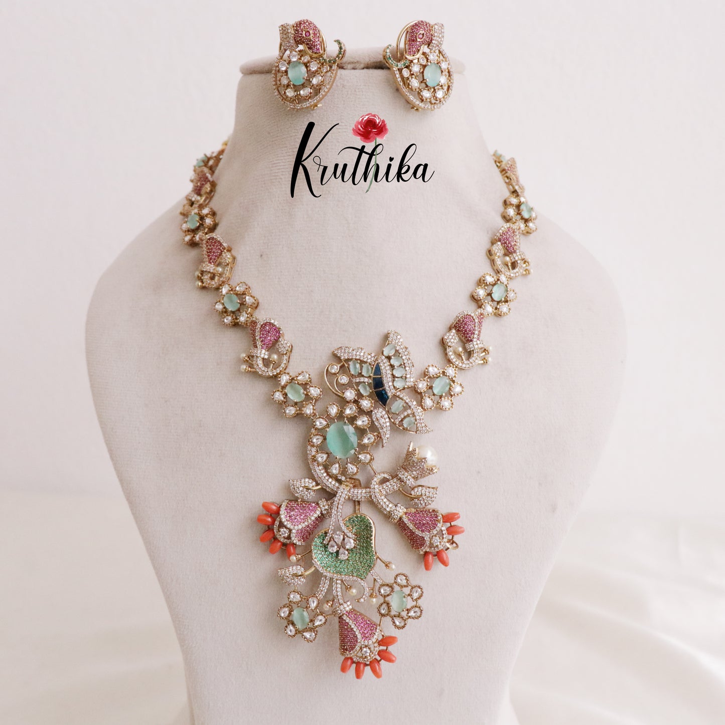 Designer AD Victorian style Necklace with pastel stones & coral beads NC1840