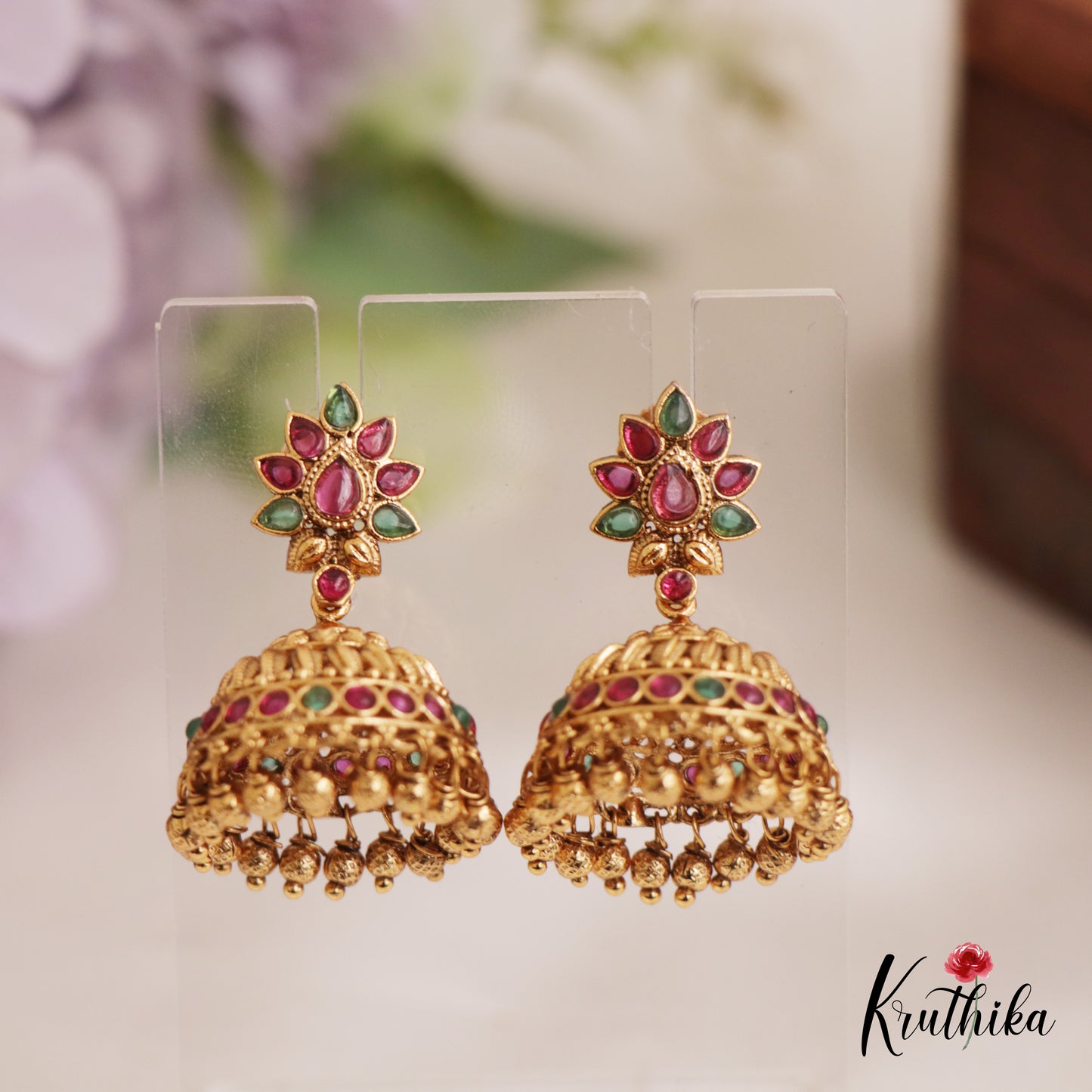 Elegant Antique Floral Motifs Jhumka With Golden Bead Drops E970 (Available In 2 Colors)
