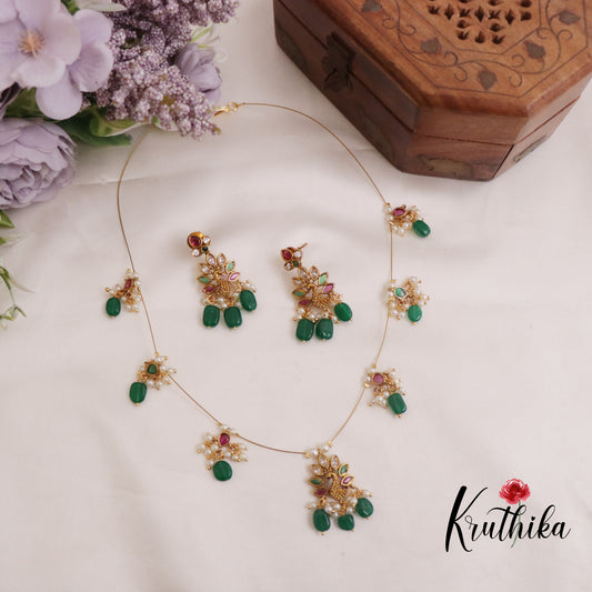 Beautiful Kemp Peacock Invisible Chain with Green Beads Drops NC2302