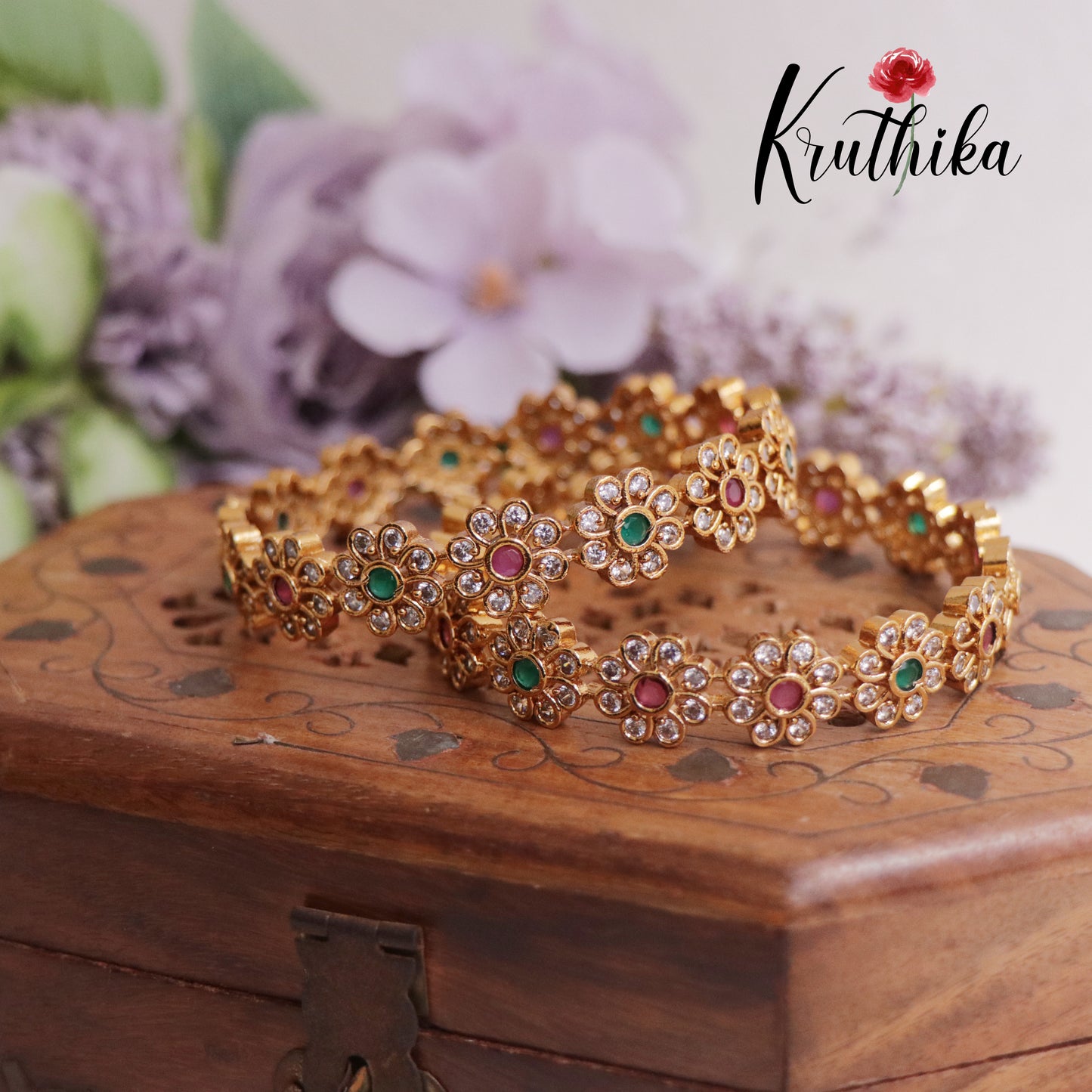 Classic CZ Flower Motif Bangles B298 (Set of 2 Bangles)