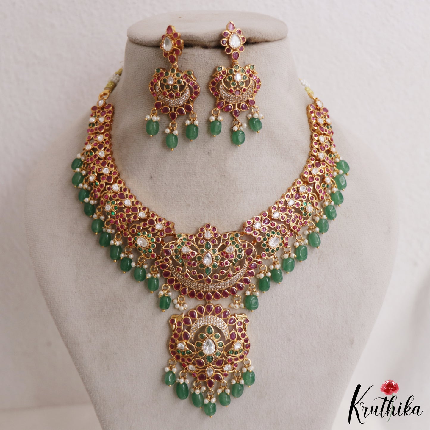 Gorgeous Floral Peacock Motifs Jadau Necklace With Green Bead Drops NC2976