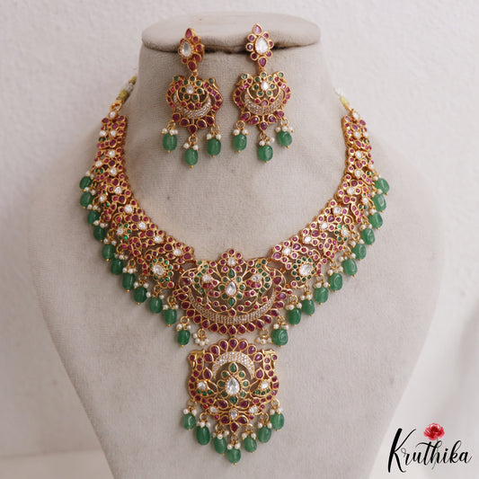 Gorgeous Floral Peacock Motifs Jadau Necklace With Green Bead Drops NC2976