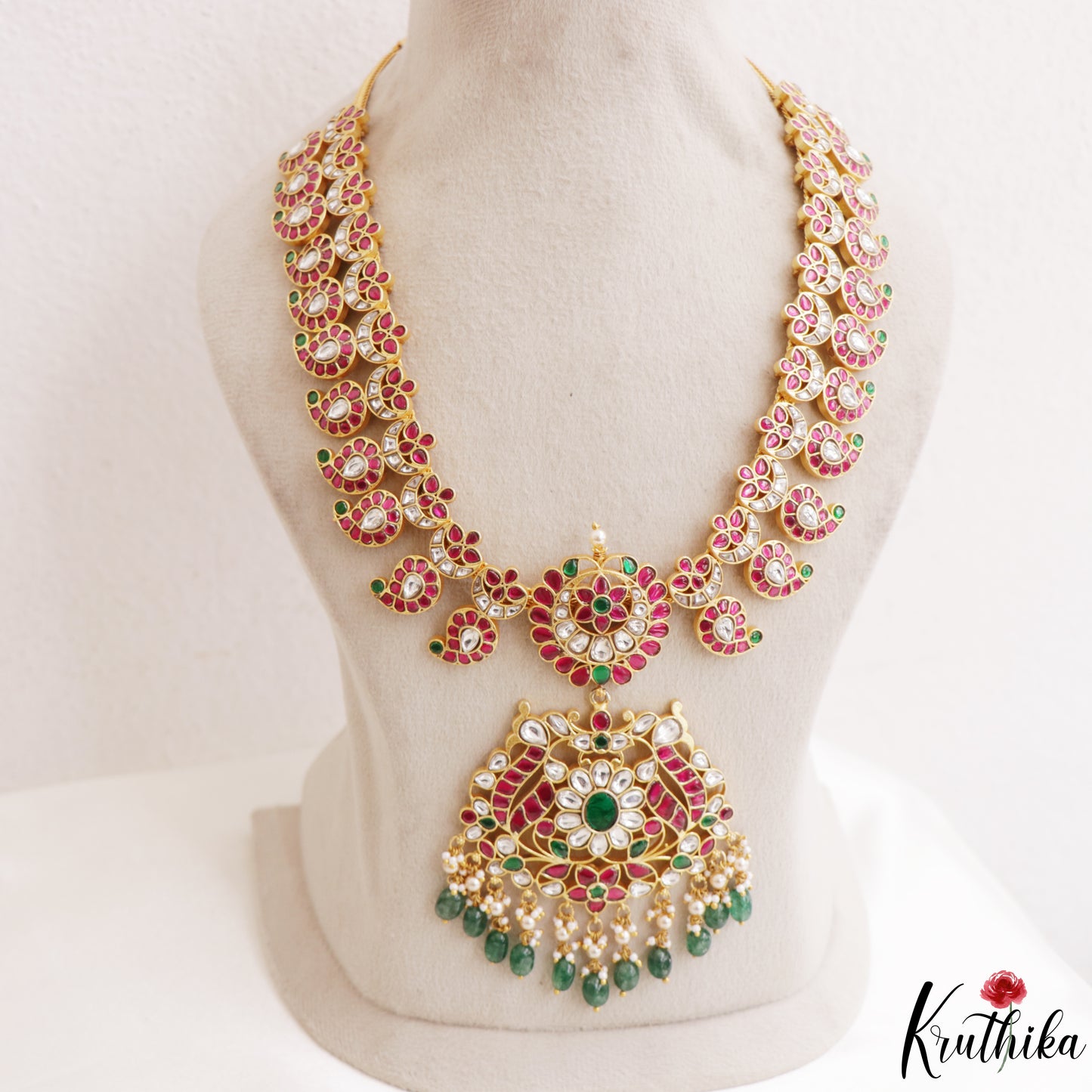 Gorgeous Mango Floral Motifs Jadau Necklace With Green Bead Drops LH2217