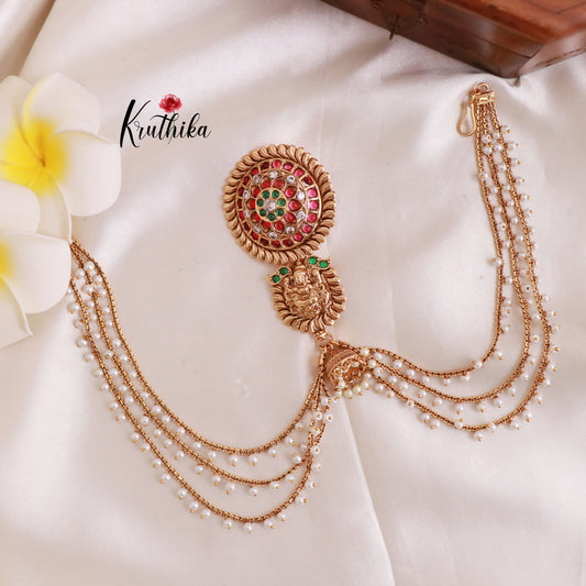 Traditional Kemp Lakshmi Floral Jhumka Jada Billa With Triple Strand Pearl Bead Chains J282