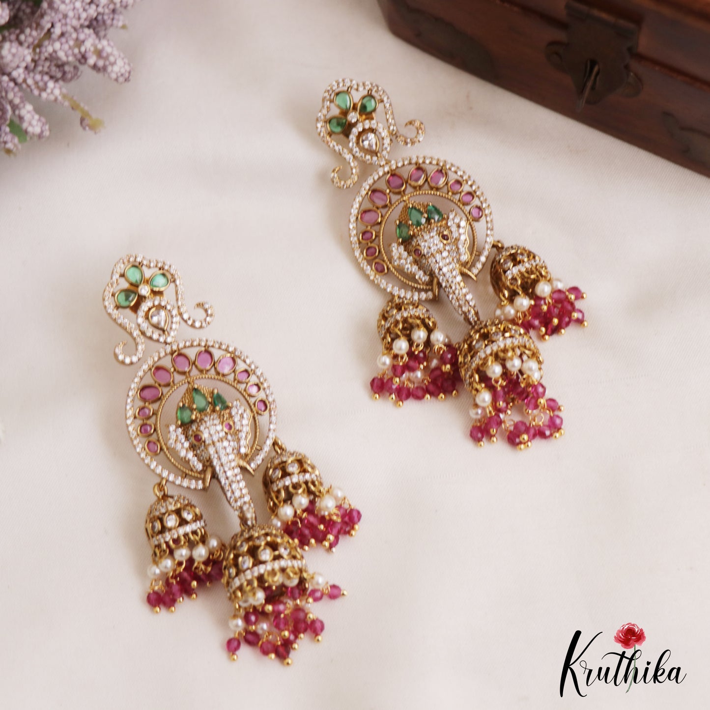 Stunning Lord Ganesha Motifs Chandelier Earrings With Pearl Bead Drops E1091 (Available In 2 Colors)