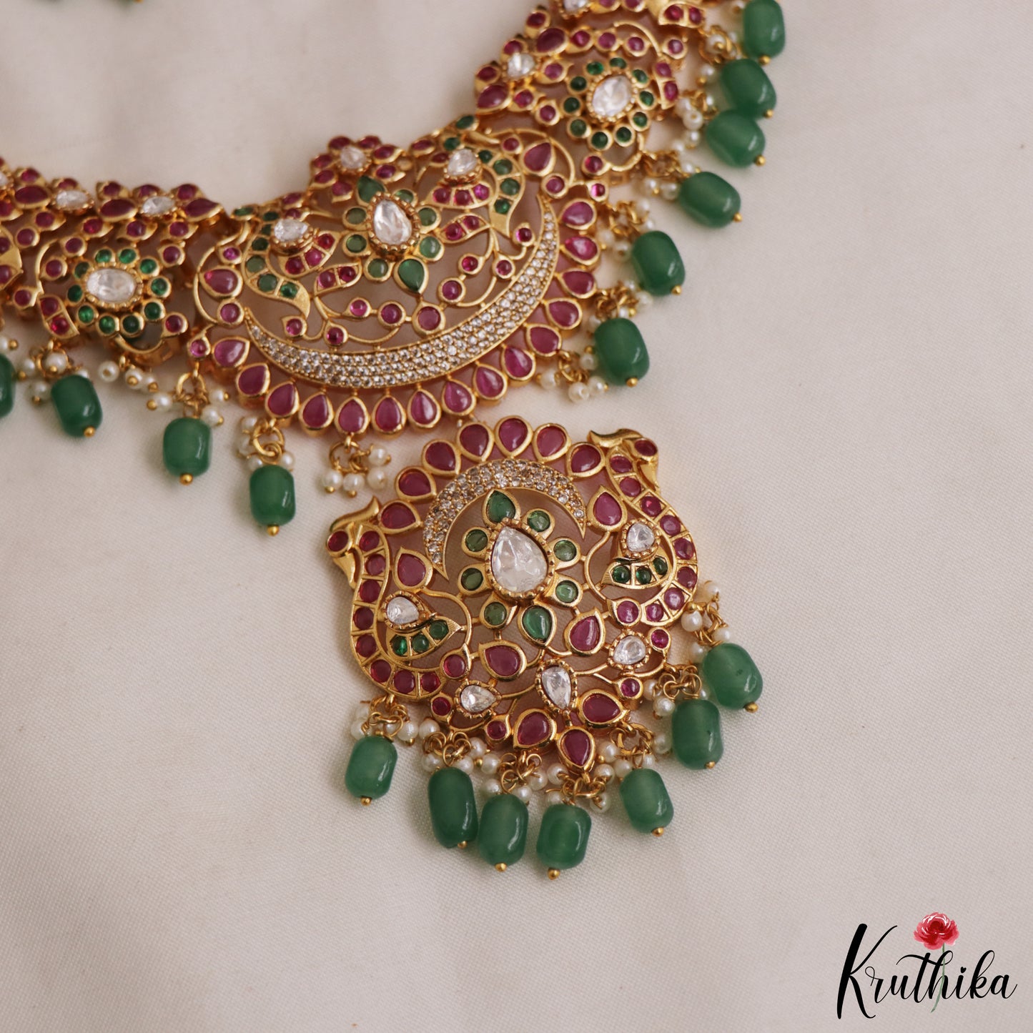 Gorgeous Floral Peacock Motifs Jadau Necklace With Green Bead Drops NC2976