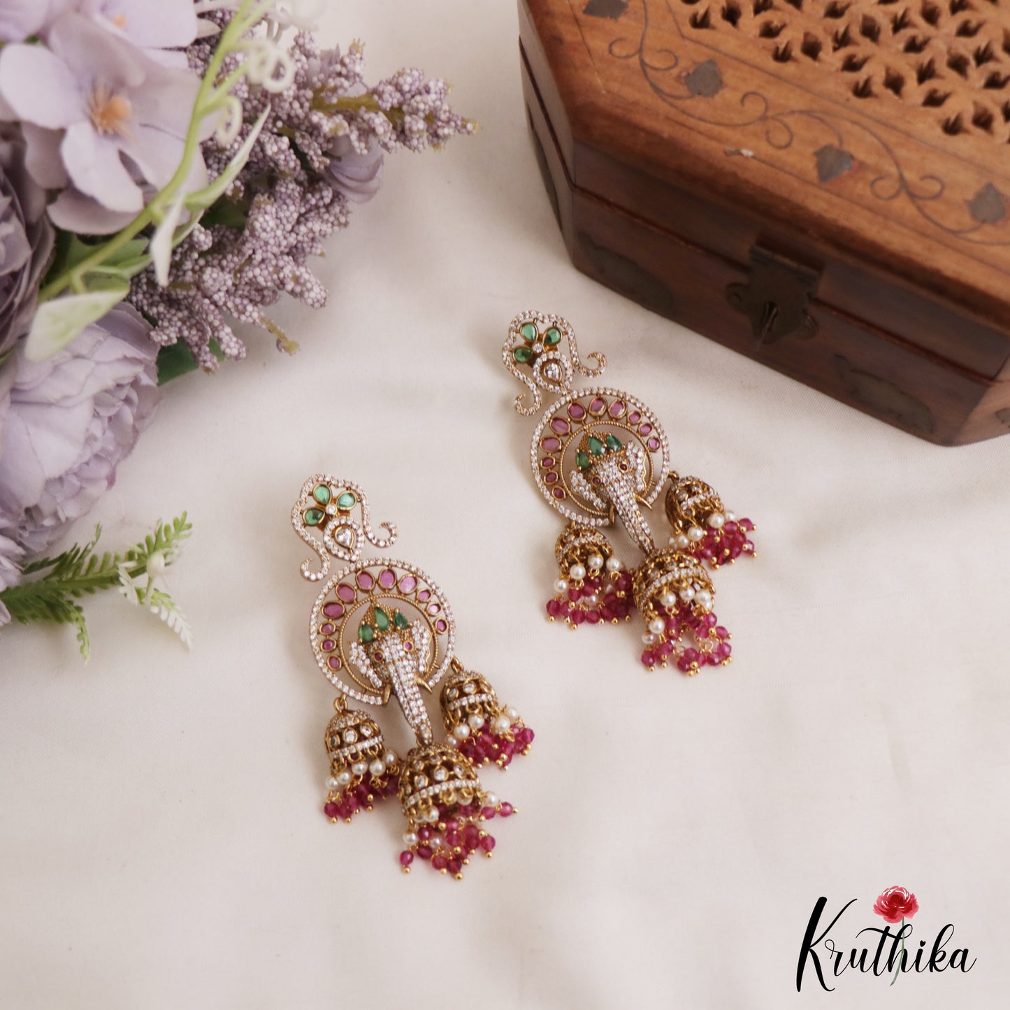Stunning Lord Ganesha Motifs Chandelier Earrings With Pearl Bead Drops E1091 (Available In 2 Colors)