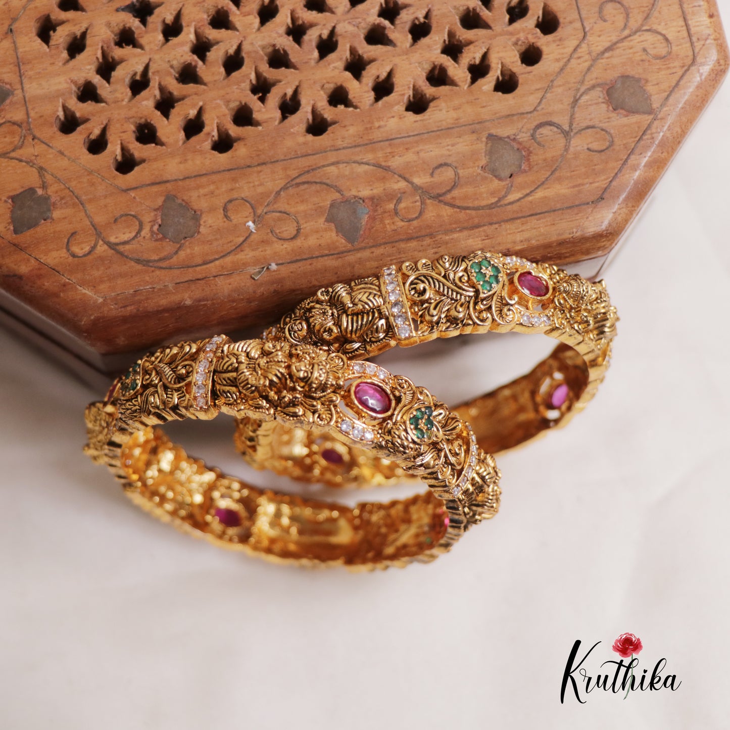 Traditional AD Temple Lakshmi Floral Bangles B345 (Set of 2 Bangles)