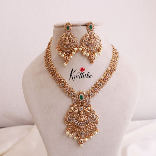 Best selling Antique finish Emerald CZ Lakshmi Devi peacock necklace NC822