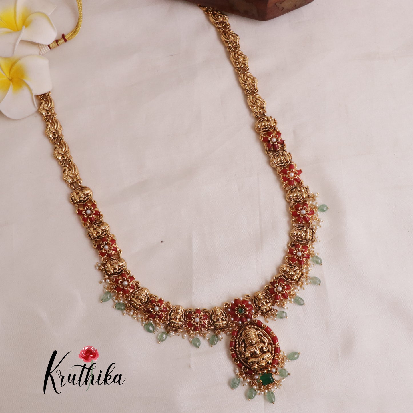Elegant Temple Lakshmi Haaram with Pastel Green Beads LH1870