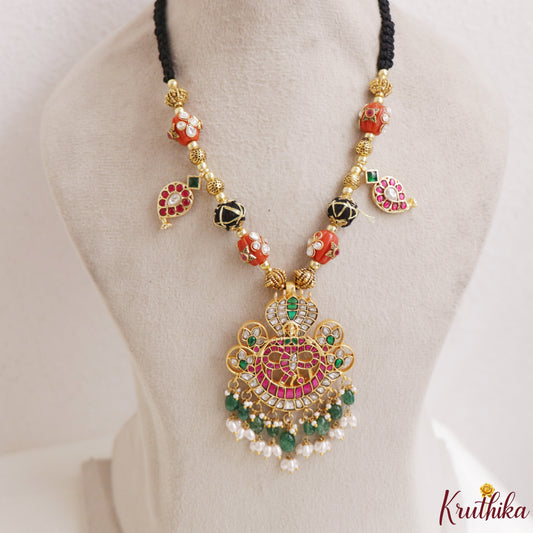 Beautiful Temple Jadau Pendant Black Thread Necklace NC3319