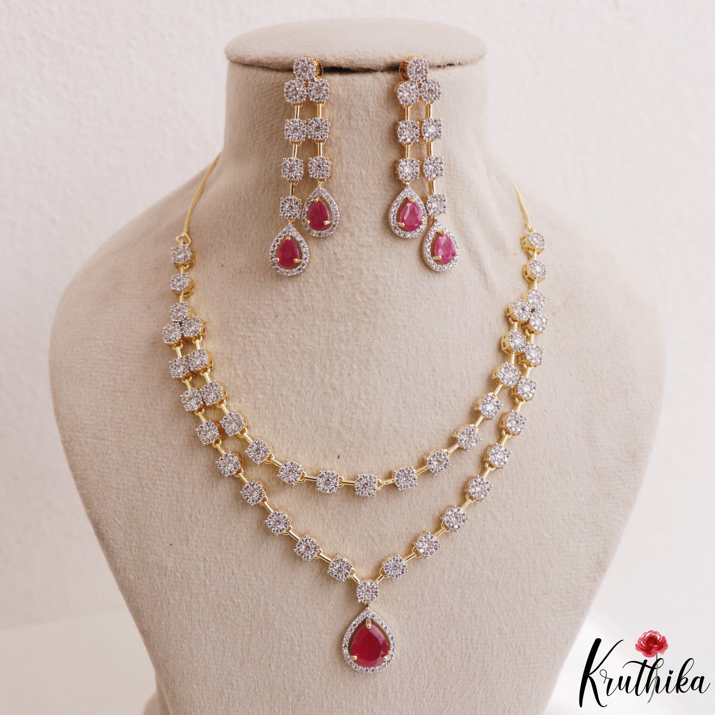 Stunning Floral Teardrop Motifs CZ Victorian Necklace NC3156 (Available In 2 Colors)