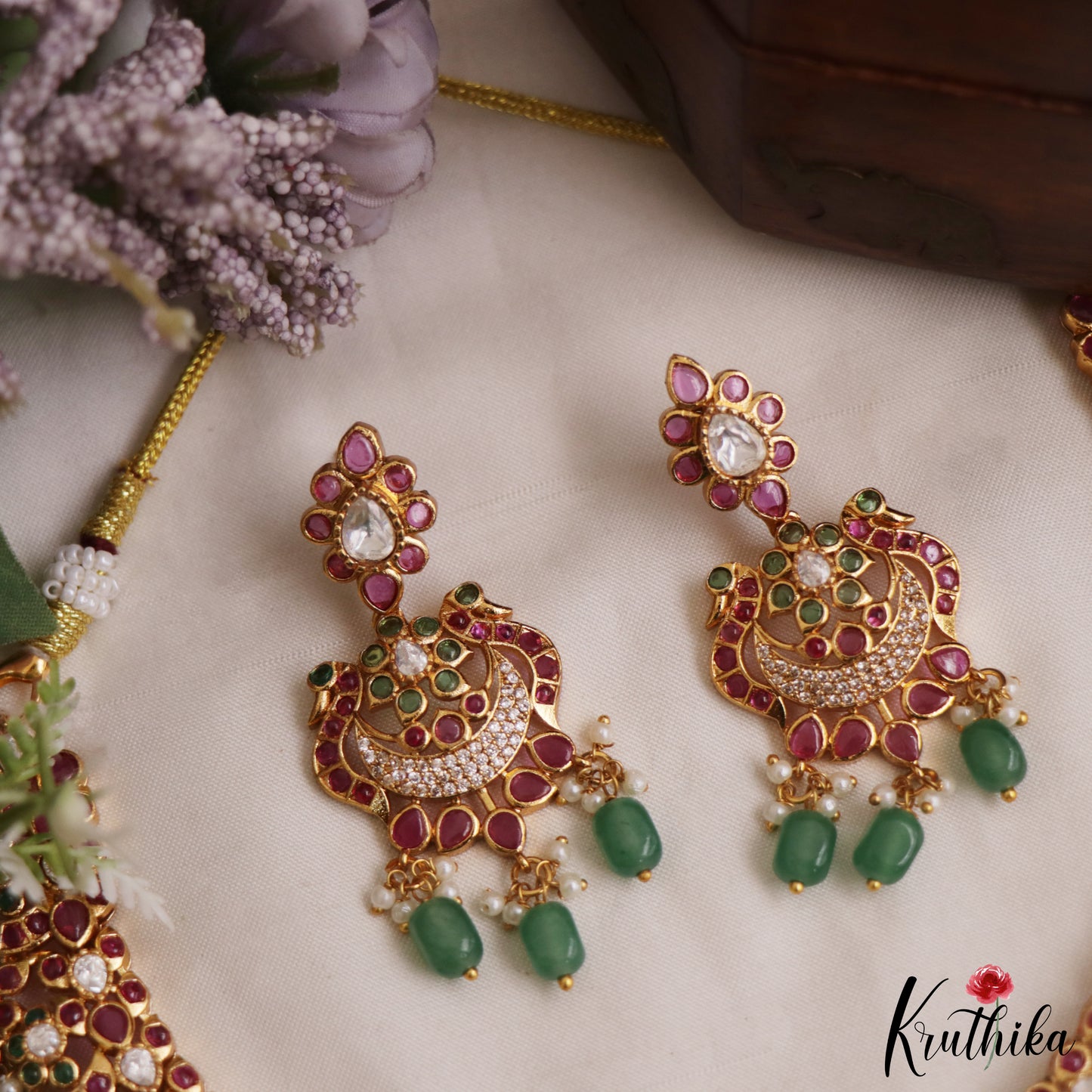 Gorgeous Floral Peacock Motifs Jadau Necklace With Green Bead Drops NC2976