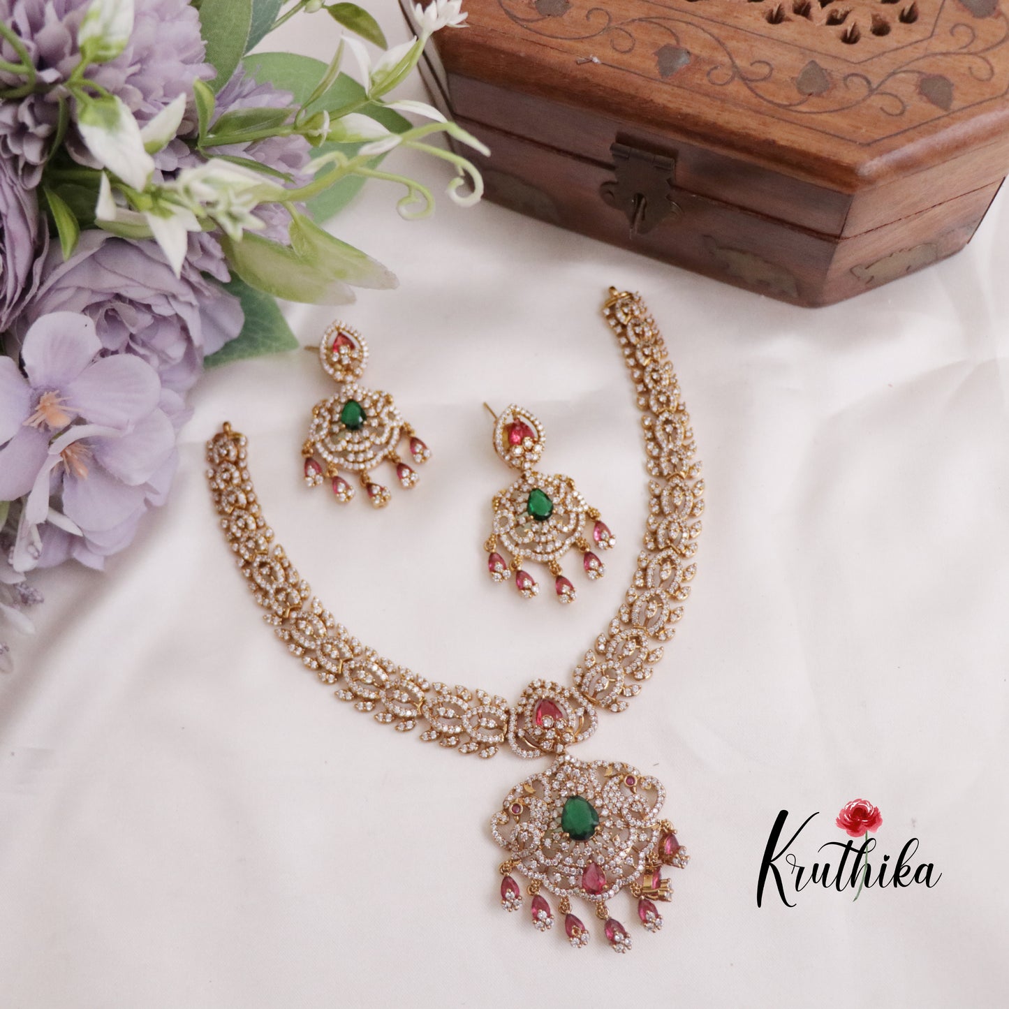 Royal Bridal Emerald & Ruby Peacock Pendant Necklace NC2288