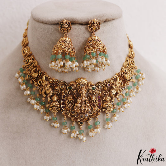Gorgeous Antique Nagas Lakshmi Peacock Motifs Temple Choker With Pearl Bead Drops NC3116