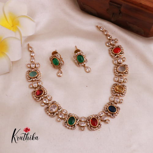 Simple CZ Navaratna uncut stones necklace NC1886