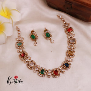 Simple CZ Navaratna uncut stones necklace NC1886