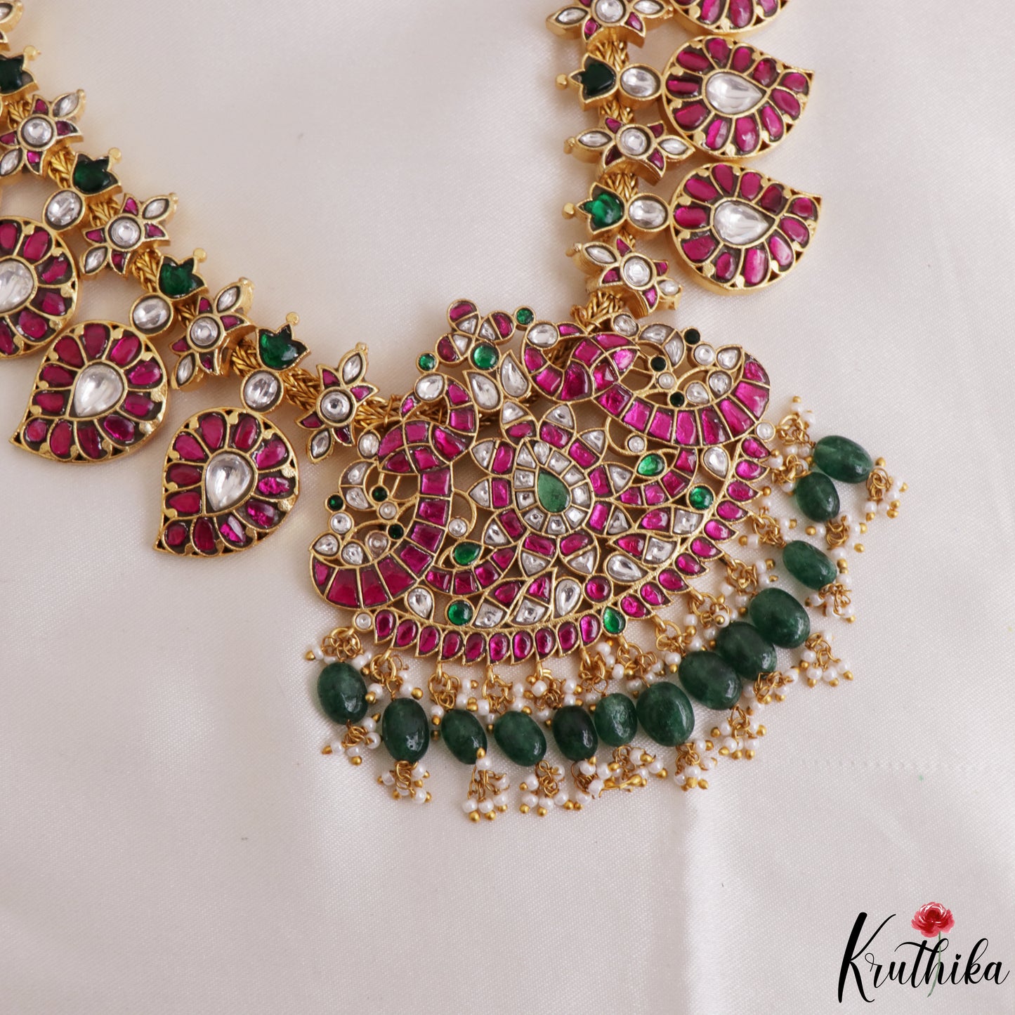 Royal Mango Peacock Motifs Jadau Necklace With Green Bead Drops NC3268
