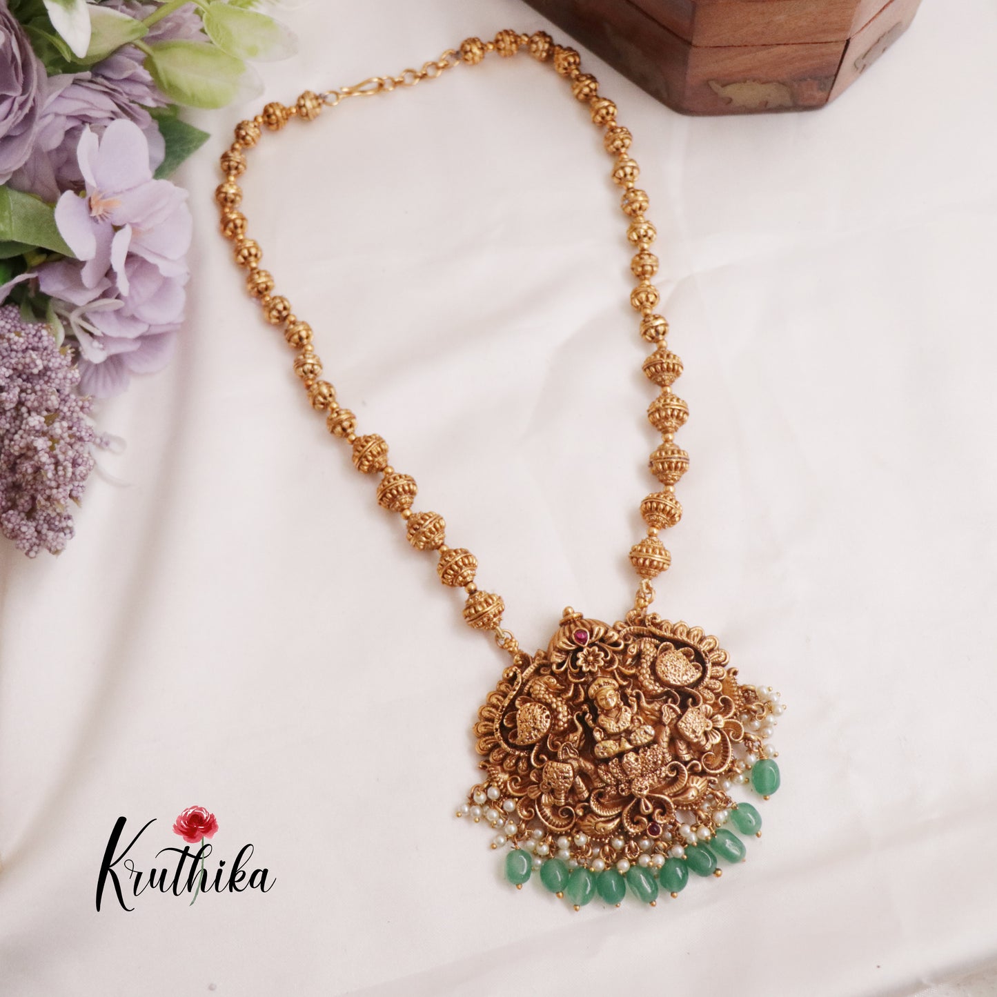 Budget Friendly Simple Lakshmi Pendant Necklace with Green Beads Drops NC2298