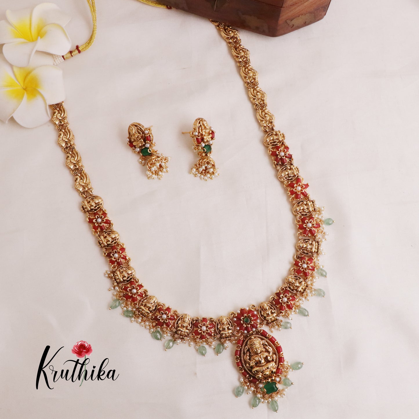 Elegant Temple Lakshmi Haaram with Pastel Green Beads LH1870