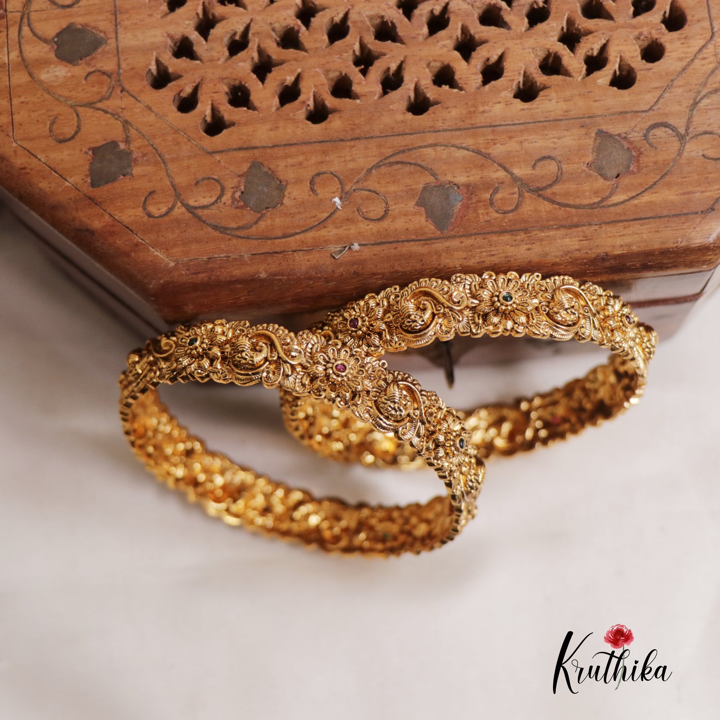 Gorgeous Temple Floral and Peacock Bangles B343 (Set Of 2)