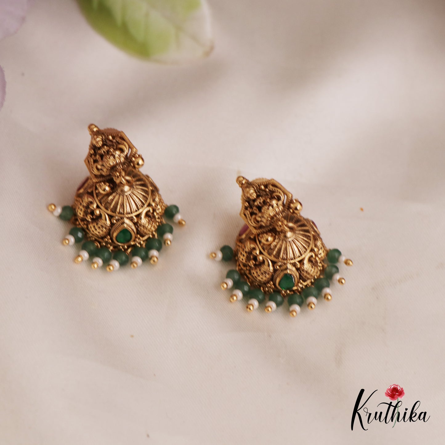 Traditional Antique Lakshmi Motifs Jhumka With Bead Drops E966 (Available In 4 Colors)