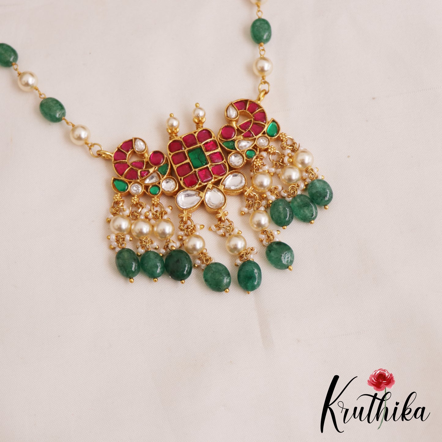 Classic Peacock Motifs Pearl Bead Jadau Choker NC2846