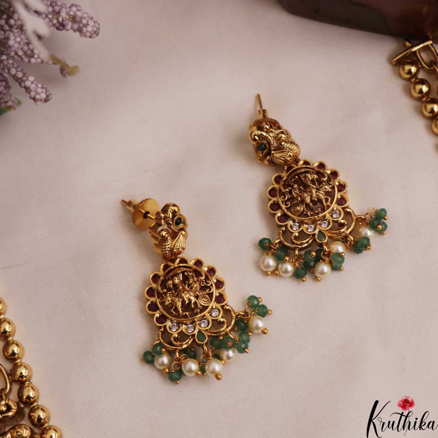 Classic Antique Lord Krishna Chariot Motifs With Pearl Bead Drops NC3020