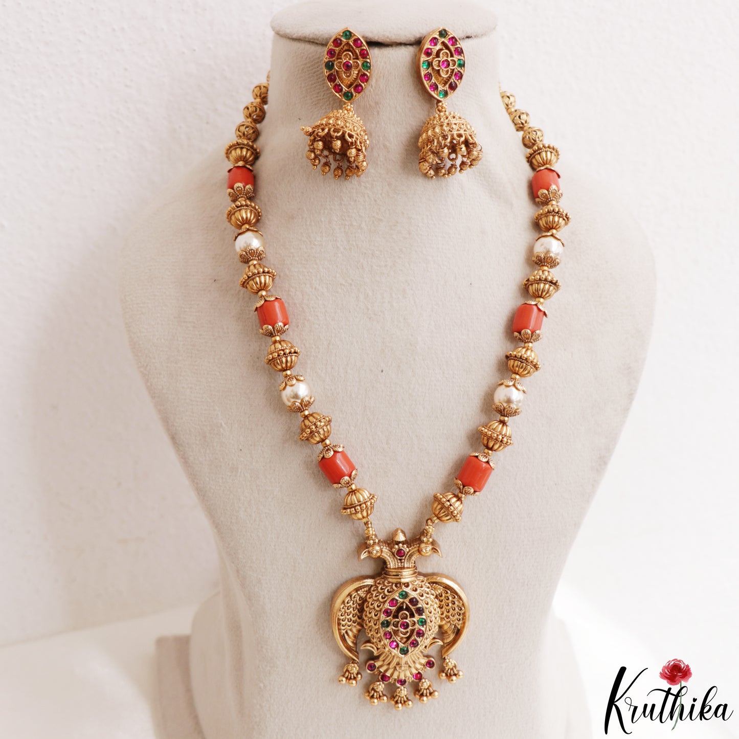 Classic Antique Gandaberunda Coral Pearl Mala NC3229