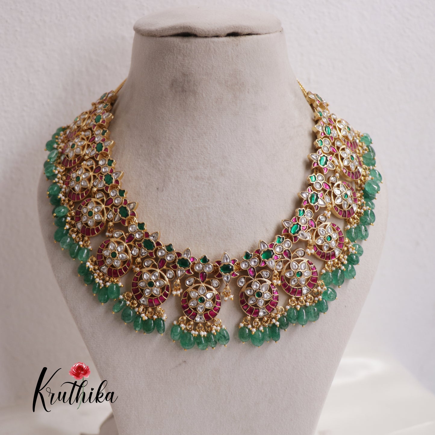 Gorgeous Floral Jadau Necklace with Green Beads NC2543