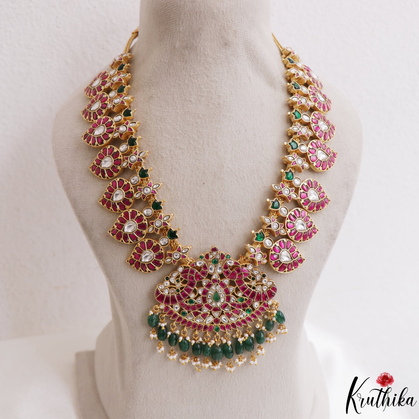 Royal Mango Peacock Motifs Jadau Necklace With Green Bead Drops NC3268