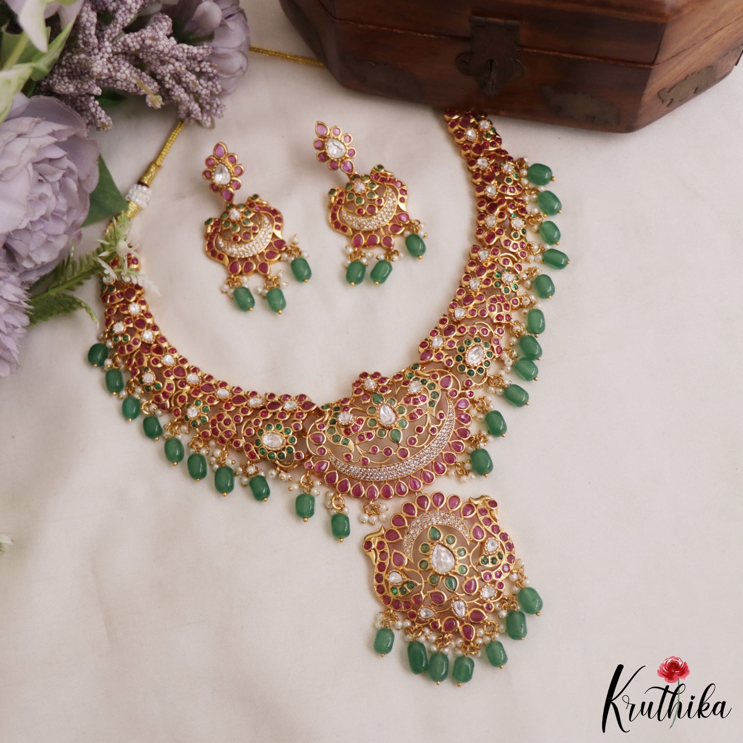 Gorgeous Floral Peacock Motifs Jadau Necklace With Green Bead Drops NC2976